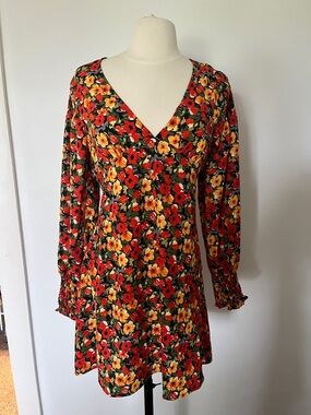 Lush Red & Yellow Floral V-Neck Long Sleeve Dress